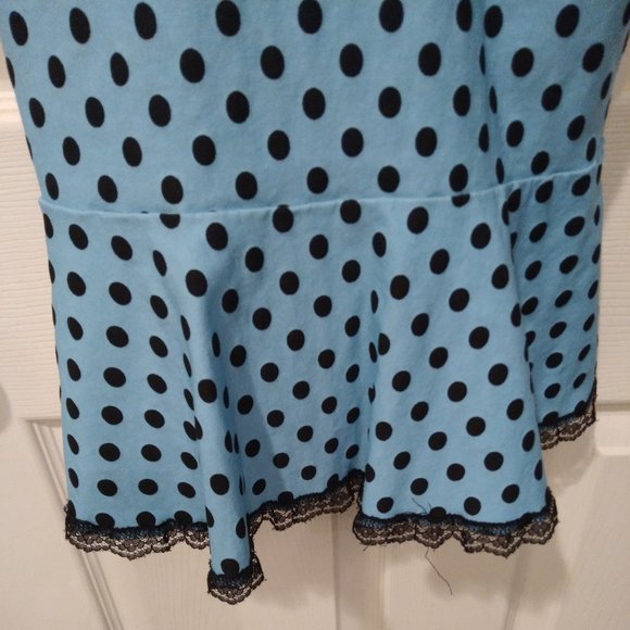 Switchblade Stiletto Pinup Retro Stretch Blue dot rockabilly wiggle ruffle Dress - Picture 2 of 6